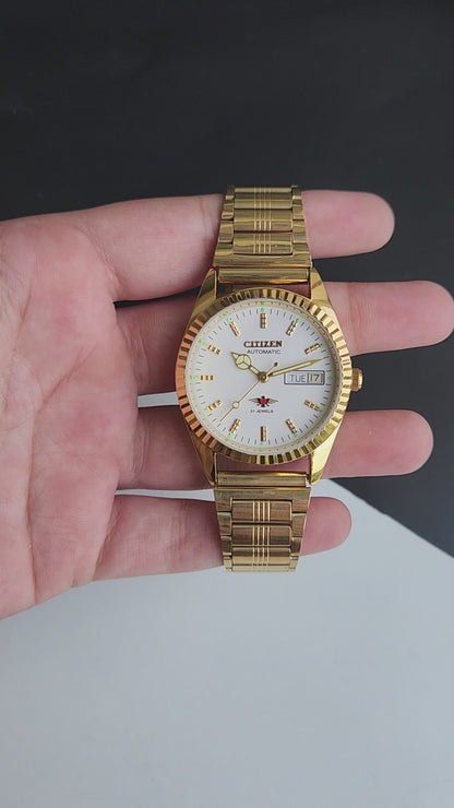 Vintage MOD Citizen White Face Automatic 21 Jewels Cal. 8200 35MM Fix Bezel Gold Plated Men's Wrist Watch J01