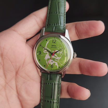 Vintage MOD HMT Janata Gandhi Hand Winding 17 Jewels Green Face Green Leather Strap Men's Wrist Watch K19