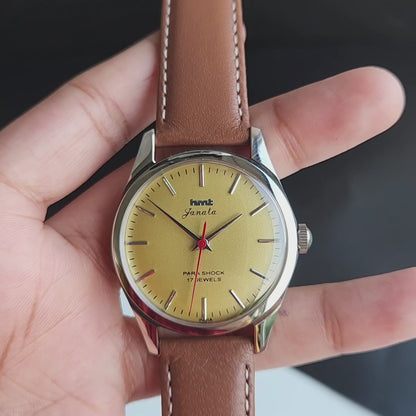 Vintage MOD HMT Janata Hand Winding 17 Jewels Yellow Face Brown Leather Strap Men's Wrist Watch J19