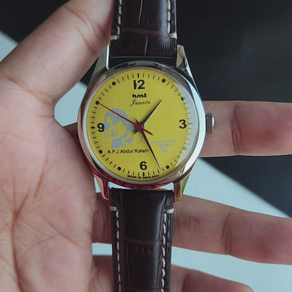 Vintage MOD HMT Janata A.P.J. Abdul Kalam Hand Winding 17 Jewels Yellow Face Brown Leather Strap Men's Wrist Watch J24
