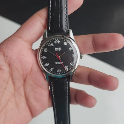 Vintage MOD HMT Janata Tamil Hand Winding 17 Jewels Black Face 35mm Silver Case With Black Leather Strap Men's Wrist Watch J79
