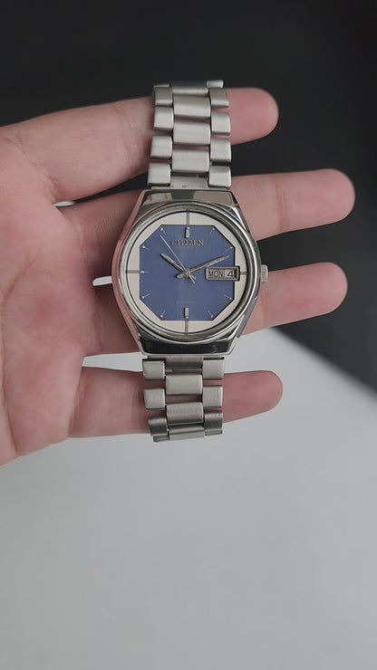 Vintage Original Citizen Automatic 8200 Blue Face 21 Jewels With Exhibition Back Day-Date Japanese Men's Wrist Watch IN47