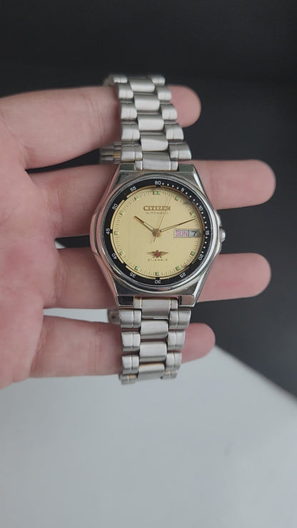 Vintage Original Citizen Automatic 8200 Golden Face 21 Jewels With Exhibition Back Day-Date Japanese Men's Wrist Watch IN51