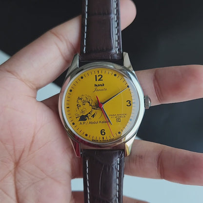 Vintage MOD HMT Janata A.P.J. Abdul Kalam Hand Winding 17 Jewels Orange Face Brown Leather Strap Men's Wrist Watch J25