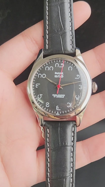 Vintage MOD HMT Janata Telugu Hand Winding 17 Jewels Black Face Black Leather Strap Men's Wrist Watch K08