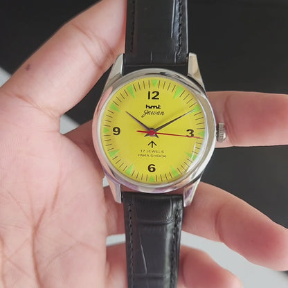 Vintage HMT Jawan Hand Winding 17 Jewels Yellow Face Black Leather Strap Men's Wrist Watch J40