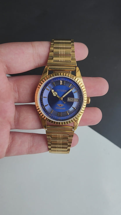 Vintage MOD Citizen Blue Face Automatic 21 Jewels Cal. 8200 35MM Fix Bezel Gold Plated Men's Wrist Watch I97
