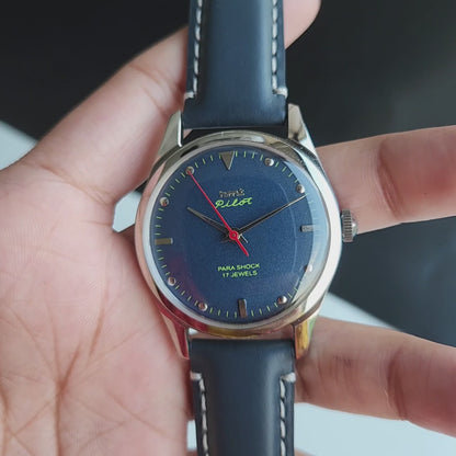 Vintage MOD HMT Pilot Hand Winding 17 Jewels Blue Face Blue Leather Strap Men's Wrist Watch J22