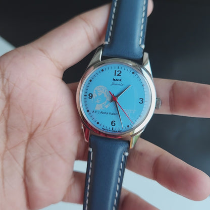 Vintage MOD HMT Janata A.P.J. Abdul Kalam Hand Winding 17 Jewels Blue Face Blue Leather Strap Men's Wrist Watch J26