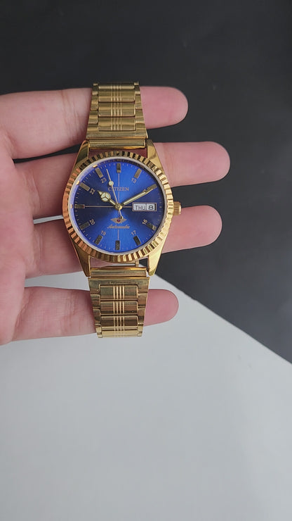 Vintage MOD Citizen Blue Face Automatic 21 Jewels Cal. 8200 35MM Fix Bezel Gold Plated Men's Wrist Watch I93