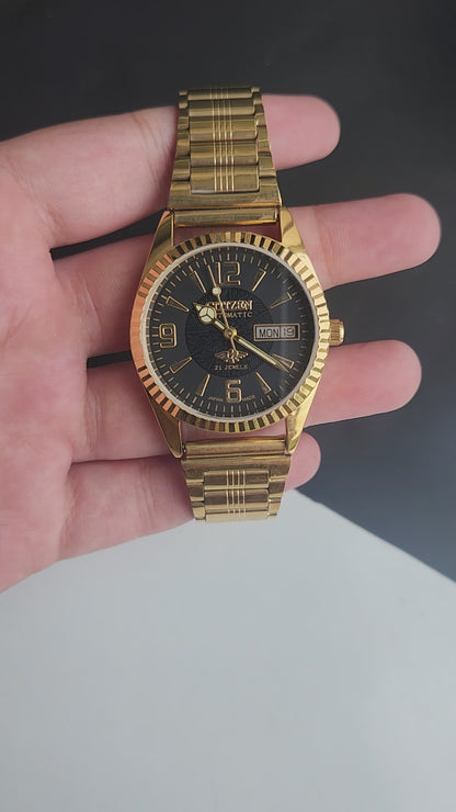 Vintage MOD Citizen Black Face Automatic 21 Jewels Cal. 8200 35MM Fix Bezel Gold Plated Men's Wrist Watch I92