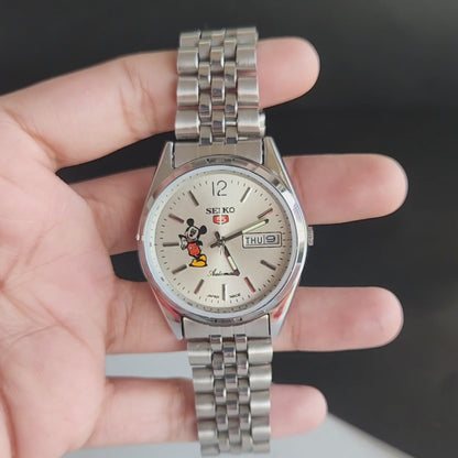 Vintage MOD Seiko 5 Automatic 23 Jewels Cal.6349 Silver Face Repainted Mickey Mouse Jubilee Bracelet Men's Wrist Watch J52