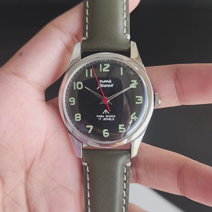 Vintage HMT Jawan Hand Winding 17 Jewels Black Face Green Leather Strap Men's Wrist Watch J41