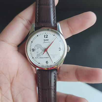Vintage MOD HMT Janata A.P.J. Abdul Kalam Hand Winding 17 Jewels White Face Brown Leather Strap Men's Wrist Watch J23