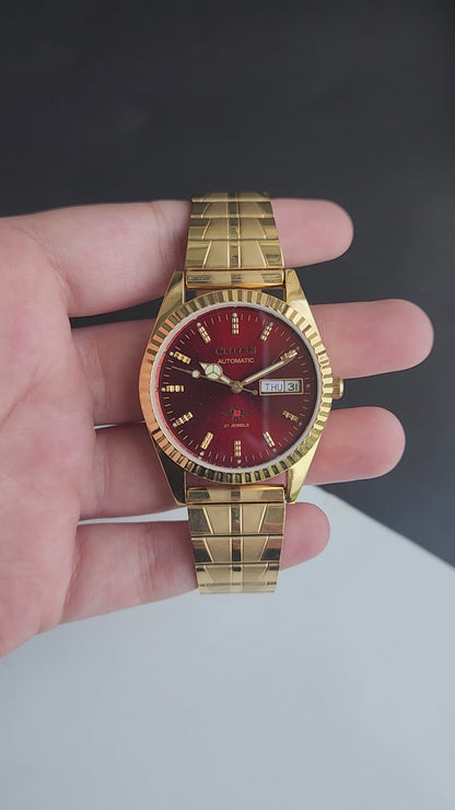 Vintage MOD Citizen Red Face Automatic 21 Jewels Cal. 8200 35mm Fix Bezel Gold Plated Men's Wrist Watch I87