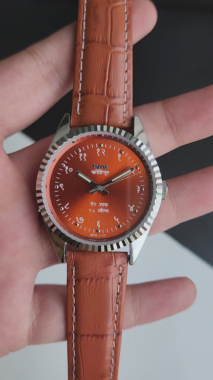 Vintage Mod HMT Kohinoor Devanagari Hand Winding 17 Jewels Orange Face Fluted Bezel Tan Croco Leather Strap Men's Wrist Watch J09