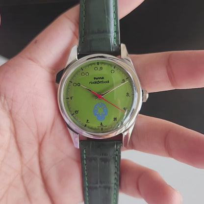 Vintage MOD HMT Gandaberunda Hand Winding 17 Jewels Green Face Green Leather Strap Men's Wrist Watch J42