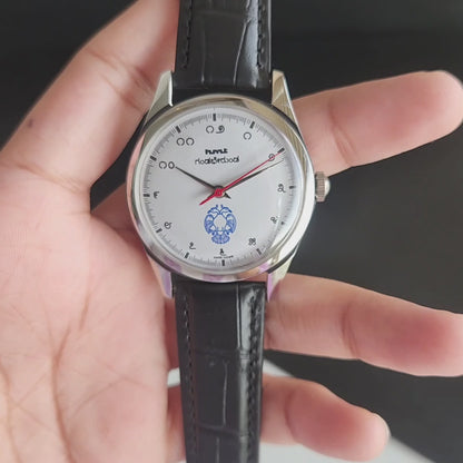 Vintage MOD HMT Gandaberunda Hand Winding 17 Jewels White Face Black Leather Strap Men's Wrist Watch J46