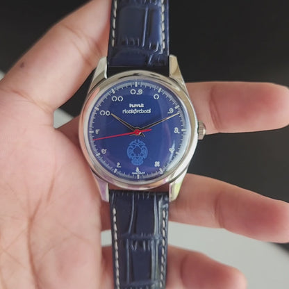 Vintage MOD HMT Gandaberunda Hand Winding 17 Jewels Blue Face Blue Leather Strap Men's Wrist Watch J43
