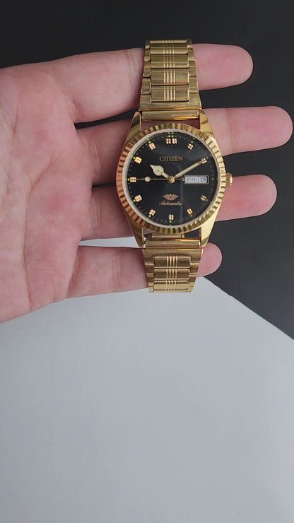 Vintage MOD Citizen Black Face Automatic 21 Jewels Cal. 8200 35MM Fix Bezel Gold Plated Men's Wrist Watch I94