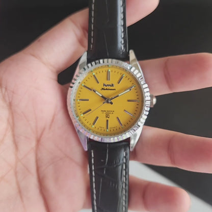 Vintage Mod HMT Kohinoor Hand Winding 17 Jewels Yellow Face Fluted Bezel Black Croco Leather Strap Men's Wrist Watch J47