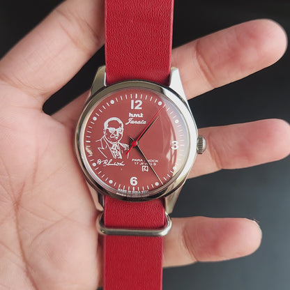 Vintage MOD HMT Janata B.R .Ambedkar Hand Winding 17 Jewels Red Face Red Nato Leather Strap Men's Wrist Watch K18