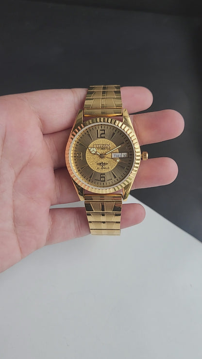 Vintage MOD Citizen Golden Face Automatic 21 Jewels Cal. 8200 35MM Fix Bezel Gold Plated Men's Wrist Watch I90