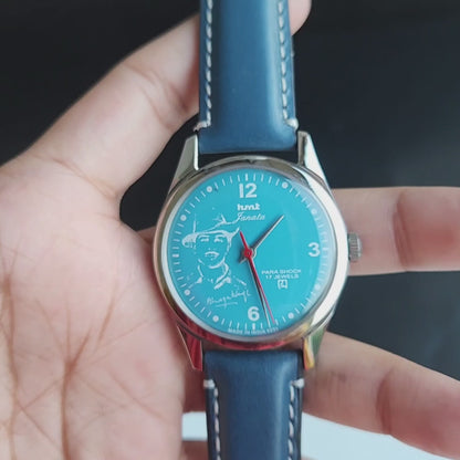 Vintage MOD HMT Janata Bhagat Singh Hand Winding 17 Jewels Blue Face Blue Leather Strap Men's Wrist Watch J28