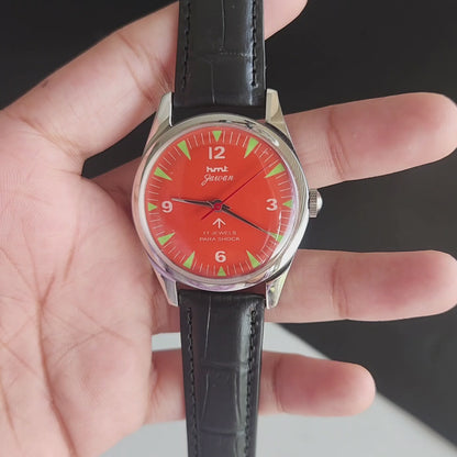 Vintage HMT Jawan Hand Winding 17 Jewels Orange Face Black Leather Strap Men's Wrist Watch J39