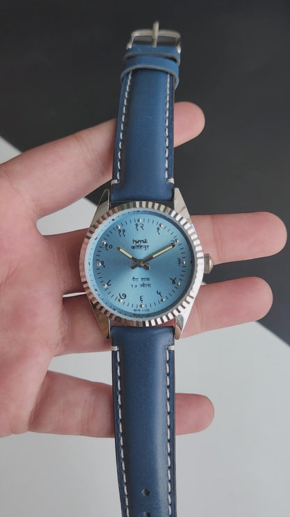 Vintage Mod HMT Kohinoor Devanagari Hand Winding 17 Jewels Sky Blue Face Fluted Bezel Blue Leather Strap Men's Wrist Watch J08