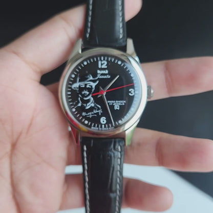 Vintage MOD HMT Janata Bhagat Singh Hand Winding 17 Jewels Black Face black Leather Strap Men's Wrist Watch J29