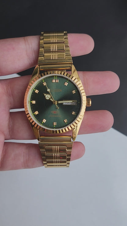 Vintage MOD Citizen Green Face Automatic 21 Jewels Cal. 8200 35MM Fix Bezel Gold Plated Men's Wrist Watch I100