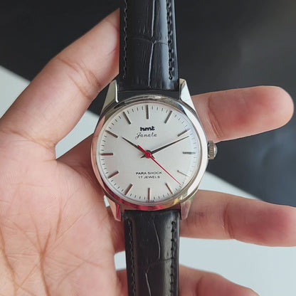 Vintage MOD HMT Janata Hand Winding 17 Jewels White Face Black Croco Leather Strap Men's Wrist Watch J18