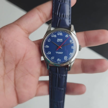 Vintage MOD HMT Janata Tamil Hand Winding 17 Jewels Blue Face 35mm Silver Case With Blue Leather Strap Men's Wrist Watch J80