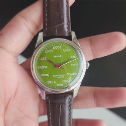 Vintage MOD HMT Spanish Hand Winding 17 Jewels Green Face Brown leather Strap Men's Wrist Watch J48