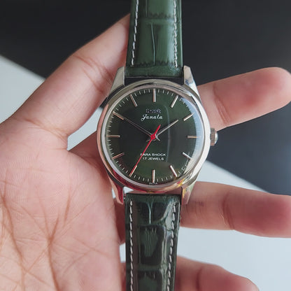 Vintage MOD HMT Janata Hand Winding 17 Jewels Green Face Green Croco Leather Strap Men's Wrist Watch J17