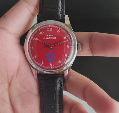 Vintage MOD HMT Gandaberunda Hand Winding 17 Jewels Red Face Black Leather Strap Men's Wrist Watch J44