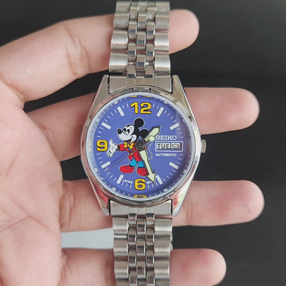 Vintage MOD Seiko 5 Automatic 23 Jewels Cal.6349 Sillver Face Repainted Mickey Mouse Jubilee Bracelet Men's Wrist Watch J53