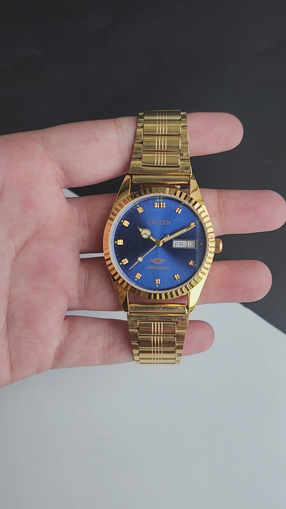 Vintage MOD Citizen Blue Face Automatic 21 Jewels Cal. 8200 35MM Fix Bezel Gold Plated Men's Wrist Watch J02