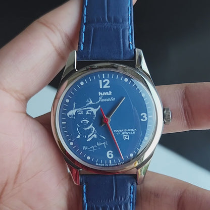 Vintage MOD HMT Janata Bhagat Singh Hand Winding 17 Jewels Blue Face Blue Leather Strap Men's Wrist Watch J27
