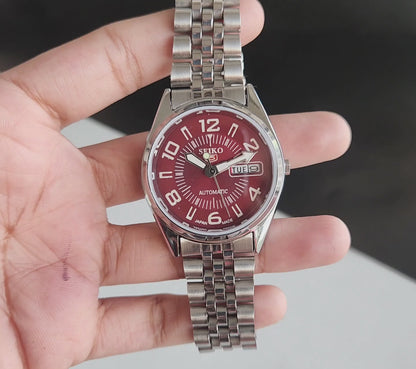 Vintage MOD Seiko 5 Automatic 23 Jewels Cal.6349 Red Face Jubilee Bracelet Men's Wrist Watch J59