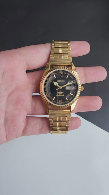 Vintage MOD Citizen Black Face Automatic 21 Jewels Cal. 8200 35MM Fix Bezel Gold Plated Men's Wrist Watch I96