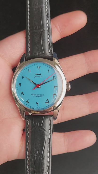 Vintage MOD HMT Janata  Hand Winding 17 Jewels Blue Face Black leather Strap Men's Wrist Watch K22
