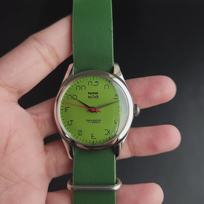 Vintage MOD HMT Janata Telugu Hand Winding 17 Jewels Green Face Green Nato Leather Strap Men's Wrist Watch K11