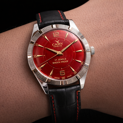 Vintage Camy Red Face Silver Case Mechanical Hand Winding 17 jewels Fluted Bezel Black Band Men's Wrist Watch D91
