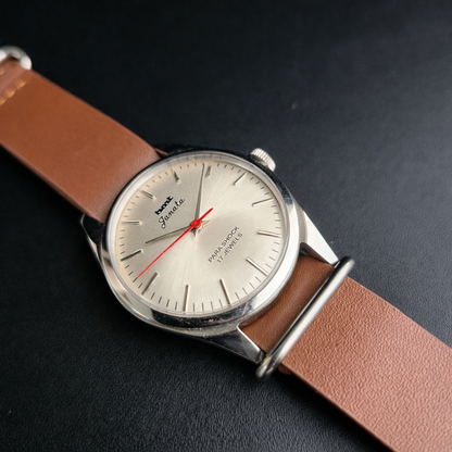Vintage MOD HMT Janata Hand Winding 17 Jewels Silver Face Tan Leather  Nato Strap Men's Wrist Watch J0014
