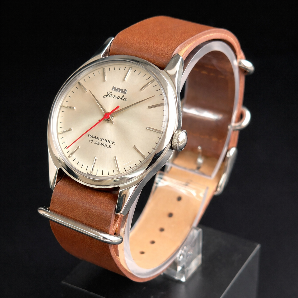 Vintage MOD HMT Janata Hand Winding 17 Jewels Silver Face Tan Leather  Nato Strap Men's Wrist Watch J0014
