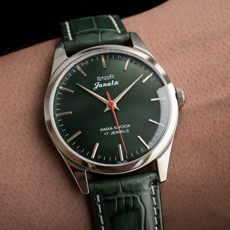 Vintage MOD HMT Janata Hand Winding 17 Jewels Green Face Green Croco Leather Strap Men's Wrist Watch J0017