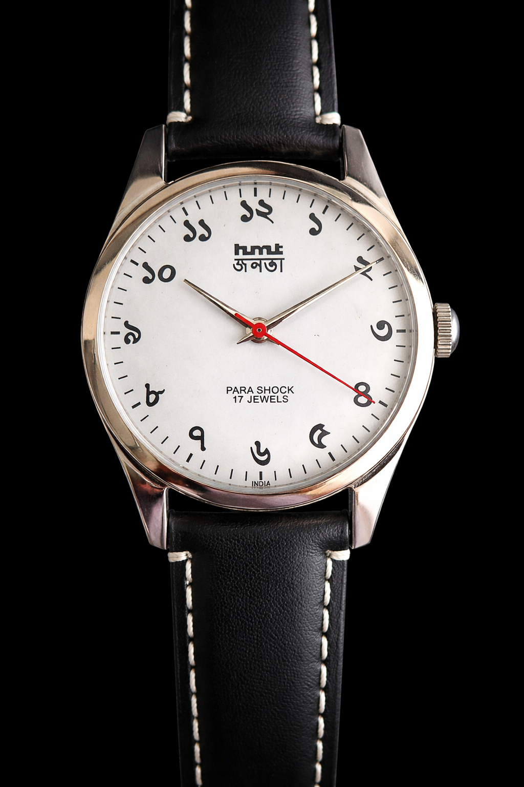 Vintage MOD HMT Janata Bangla Hand Winding 17 Jewels White Face Black Leather Strap Men's Wrist Watch J32