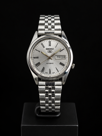 Vintage MOD Seiko 5 Silver Face Automatic Cal. 7009 Day-Date Men’s Wrist Watch D021